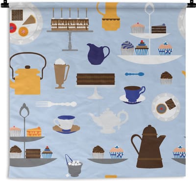 Wandkleed - Wanddoek - Patronen - Cupcake - Theepot - Thee - 90x90 cm - Wandtapijt
