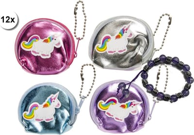2x 12 stuks Mini Portemonnee Eenhoorn - roze paars zilver en blauw en armband paars - uitdeelcadeautje traktatie