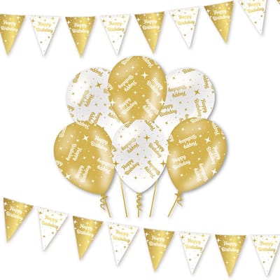 Q2P - Happy Birthday - Slingers - Ballonnen - Wit & Goud Set - Verjaardag Versiering - Helium Ballon
