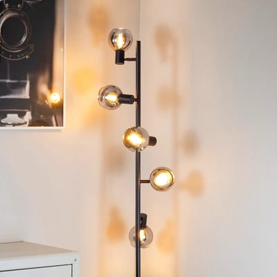 Industriële mat zwarte staande lamp met smoke grijs glas en spiegeleffect 5-lichts - Lexington