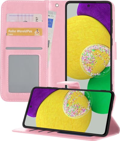Hoesje - Met Pasjeshouder - Geschikt voor Samsung Galaxy A52s 5G - Luxe Bookcase Portemonee - Flip Case - Kunstleer Book Case - Flipcase - Book Cover - Walletcase - Portemonneehoes - Telefoonhoesjes - Lichtroze