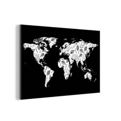 Aluminium schilderij 150x100 cm - Wanddecoratie metaal - Wereldkaart - Bladeren - Zwart - Wit - Metalen muurdecoratie woonkamer - Decoratie industrieel - Foto op dibond - Industriële accessoires slaapkamer