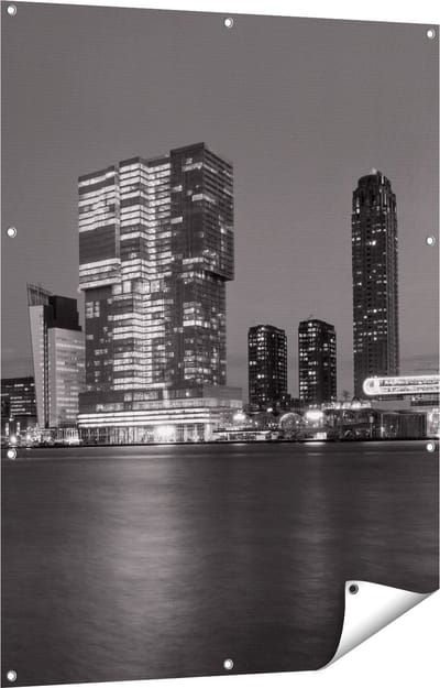 Gards Tuinposter Rotterdamse Skyline - Zwart Wit - 90x120 cm - Tuindoek - Tuindecoratie - Wanddecoratie buiten - Tuinschilderij