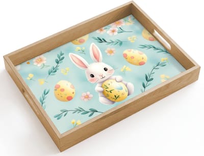 Dienblad hout 40x30 cm - Schootdienblad - Konijn - Eieren - Takjes - Borrelplank rechthoek - Plateau dienbladen