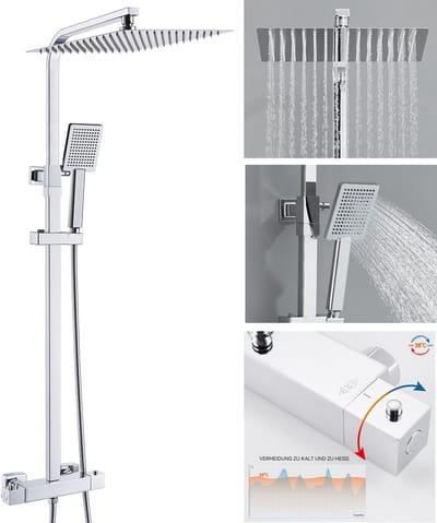 Auralum max Regendouche met Thermostaatkraan - Doucheset Chroom - Regendoucheset - Chroom Douchekolom met Thermostatische Mengkraan - 12 inch Douchekop