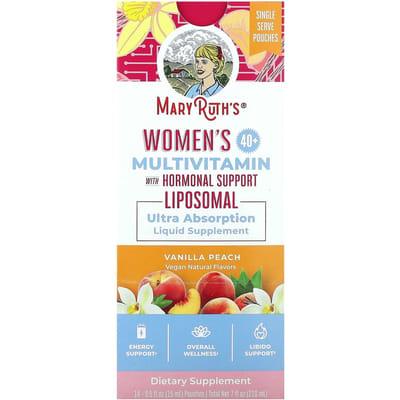 MaryRuth's, Multivitamine voor Vrouwen 40+, Multivitamine met Hormonen, Vanille Perzik, 14 Zakjes, 0,5 fl oz (15 ml) Elk