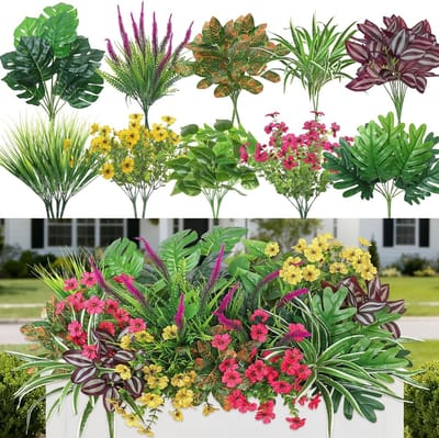 20 Stuks Kunstplanten en Bloemen UV Bestendige Nepbloemen voor Tuin en Binnengebruik, Grote Faux Struiken en Nepgras voor Decoratie van Terras en Pad
