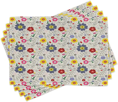 ABAKUHAUS Bloemen-placematten, bloemenmotief met vlinders en libellen, kleurrijke voorjaars-natuurillustratie, tafeldecoratie van kleurvast stof voor eetkamer en keuken, veelkleurig