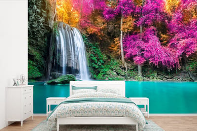 Behang - Fotobehang Waterval - Bomen - Roze - Bruin - Natuur - Breedte 420 cm x hoogte 280 cm