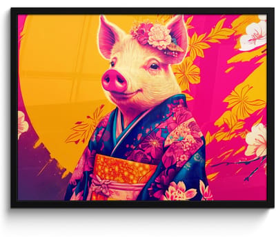 Poster in lijst - Fotolijst 70x50 cm - Posters - Varken - Bloemkroon - Kimono - Abstract - Posterlijst zwart - Decoratie - Wanddecoratie woonkamer - Muurdecoratie slaapkamer