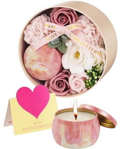 Kunstbloemen en geurkaarsen set in ronde doos - Aromatherapie geschenk voor speciale gelegenheden