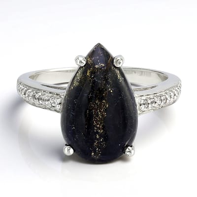 Cavill - Zilveren Ring met 3.75 ct Apache Goud Peervormige Cabochon - 925 Sterling Zilver - 18 Witte Topazen 0.095 ct - Elegante Damesring Maat 17