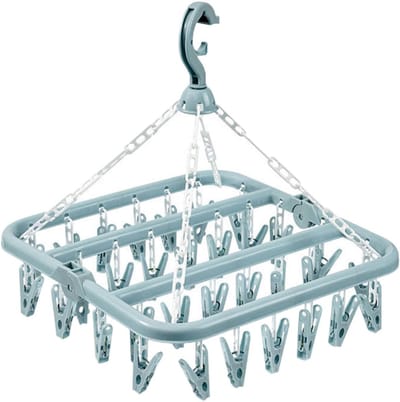 Blauw - Sokken droogrek, 32 clips hangend droogrek, binnen en buiten droogrek, hangend, draaibaar, opvouwbaar, geschikt voor sokken, ondergoed en kleine kledingstukken