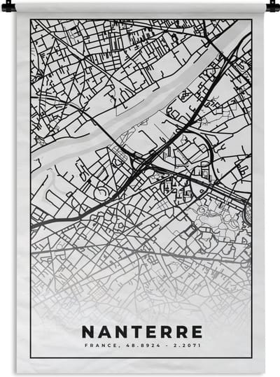 Wandkleed - Wanddoek - Plattegrond - Nanterre - Kaart - Frankrijk - Stadskaart - Zwart wit - 120x180 cm - Wandtapijt