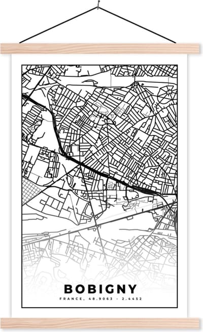 Posterhanger incl. Poster 40x60 cm - Schoolplaat - Stadskaart - Bobigny - Frankrijk - Kaart - Plattegrond - Zwart wit - Textielposter - Blanke latten - Stadskaart