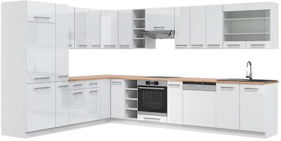 Vicco Hoekkeuken Fame-Line, Wit Hoogglans/Wit, 347 x 257 cm, WB Eik