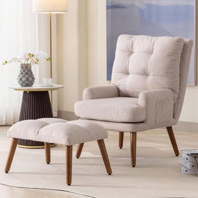 Fauteuil met voetenbank - Relaxstoel leesstoel - Ontspannen thuis - 5-traps verstelbaar - 69 cm breed - Beige