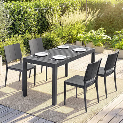 Pugsdrly Tuinmeubelset Zitset 5-delig Brede tafel met 4 stapelstoelen Lamellenontwerp voor 4 personen Donkergrijs