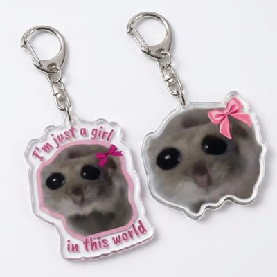 Roze wit acryl sleutelhanger dames | 2 stuks | Cute hamster keychain set | Cartoon sleutelhanger met strik | Tekstvariant “I’m just a girl in this world” | Accessoire voor tas sleutel bos