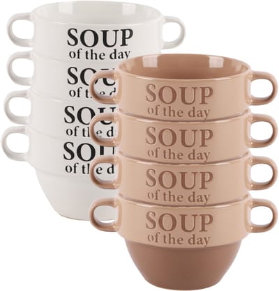 Bellatio Design Soepkommen - 8x - Soup of the day - keramiek - D12 x H8 cm - beige / wit - Stapelbaar