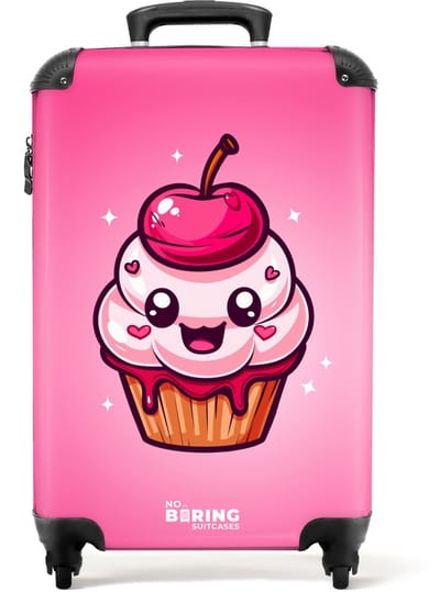 NoBoringSuitcases.com® - Kinderkoffer - Kindertrolley - Cupcake - Gezicht - Roze - Handbagage koffer lichtgewicht - Reiskoffer trolley - Rolkoffer met wieltjes - Past binnen 55x40x20 en 55x35x25