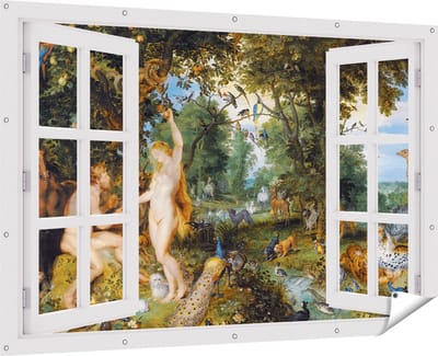Gards Tuinposter Doorkijk Het Aardse Paradijs met de Zondeval van Adam en Eva - Jan Brueghel - 180x120 cm - Tuindoek - Tuindecoratie - Wanddecoratie buiten - Tuinschilderij