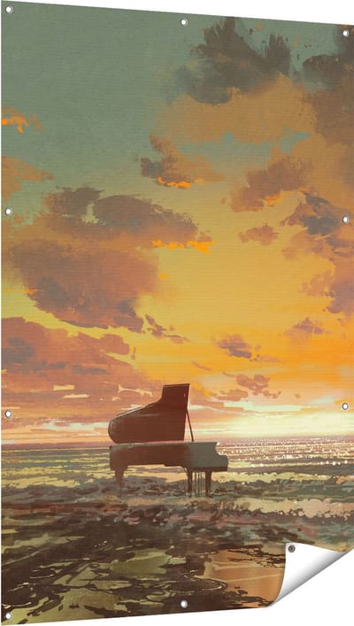 Gards Tuinposter Piano op het Strand bij Zonsondergang - 100x150 cm - Tuindoek - Tuindecoratie - Wanddecoratie buiten - Tuinschilderij