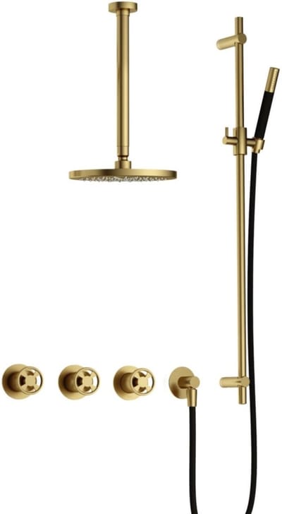 Hotbath Cobber - CW7067 - Inbouw Regendoucheset - Geborsteld Messing PVD - 2 Stopkranen - Thermostatisch - Plafondbuis 30 cm - Hoofddouche 200 mm - Ronde Handdouche - Glijstang 900 mm - Waterbesparend