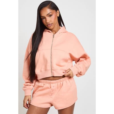 boohoo Dames Boxy Hoodie Met Rits En Henley Shorts Met Knoopjes Trainingspak | Abrikoos | Maat: Large