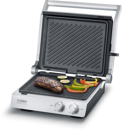 CASO SteakChef 2837 - Elektrische dubbele contactgrill en tafelgrill | 2400W | RVS behuizing met glasdeksel | Uitneembare keramische grillplaten
