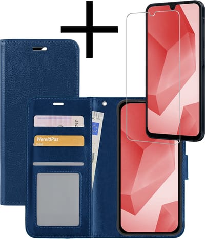 Hoesje - Met Screenprotector - Geschikt voor Samsung Galaxy A16 - Luxe Pasjeshouder - Bookcase Portemonee - Flip Case - Kunstleer Book Case - Flipcase - Book Cover - Walletcase - Portemonneehoes - Donkerblauw