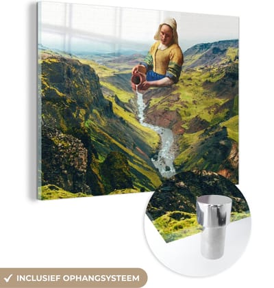 MuchoWow® Glasschilderij 160x120 cm - Schilderij acrylglas - Melkmeisje - Water - Vermeer - Foto op glas - Schilderijen