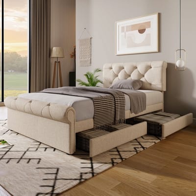 STILVORA Eenpersoonsbed 90x200 cm – Gestoffeerd bed met verstelbaar hoofdeinde & Chesterfield-knopen – 2 lades met wieltjes – Linnen – Beige – Zonder matras