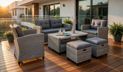 Rotan tuinmeubelset 6-delig loungeset voor 4–6 personen – 2-zits bank, fauteuils, krukken & tafel met opbergruimte – wicker balkonset met kussens & fleece deken – weerbestendige tuinset voor balkon, terras & tuin – Urbanhome
