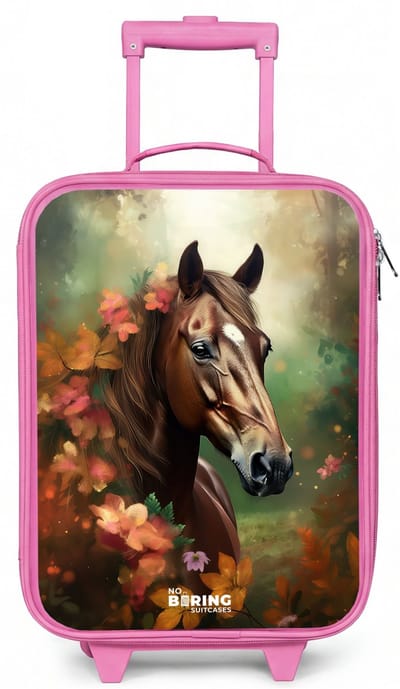 NoBoringSuitcases.com® - Kinderkoffer roze - Kindertrolley meisje - Bruin paard tussen de bloemen - Koffer kind lichtgewicht - Reiskoffer trolley voor kinderen - Koffertje met lichtgevende wieltjes - Rolkoffer
