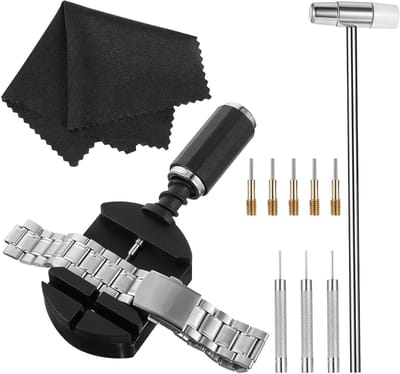 Dailygoods- Horlogereparatiegereedschapset 11 Stuks - Bandverwijderaar - Hamer - Naden/Regelaars - Compact - Zwart Metaal/Kunststof - Horlogegereedschap