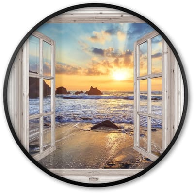 Poster in lijst Rond - Fotolijst 60x60 cm - Posters - Strand - Doorkijk - Zonsondergang - Landschap - Zee - Natuur - Ronde posterlijst zwart - Decoratie - Wanddecoratie woonkamer - Muurdecoratie slaapkamer