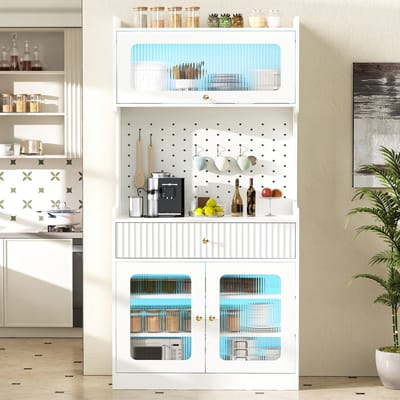 REDOM - Highboard - Verstelbare legplanken en lade - LED-verlichting en riffelglas - Moderne stijl - Woonkamer en eetkamer - MDF en spaanplaat - Wit - 80 x 40 x 180 cm