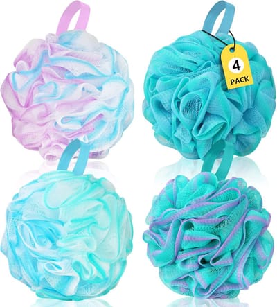 Puff Loofah-Spons Extra Groot, Set van 4, 75G/ST, Zachte Lichaamsscrubber Badspons voor Vrouwen en Mannen, Scrunchie Mesh Poef Badkamerspons Huid Exfoliërend