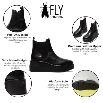 Fly London Dames Zwarte HELY268 Chelsea Leren Enkellaarsjes met Platform Comfort