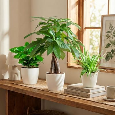 Green boutiQ - Mix van 3 Makkelijke Kamerplanten - Pachira Aquatica, Coffea Arabica, Chlorophytum - Groen - Weinig onderhoud - 3 Planten - met Potter Grijs - Pot 12 - 14cm - Hoogte 25 - 45cm