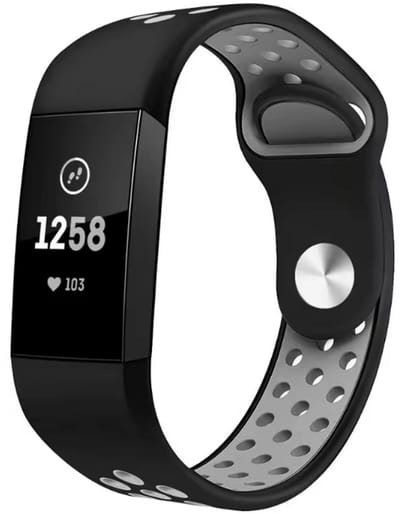 CHPN - Siliconen Bandje Gechikt Voor Fitbit Charge 3 en 4 - Large - Zwart/grijs - Sportbandje voor Fitbit - Fitbitbandje met gaatjes - Sportief fitbitbandje