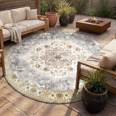 Fraai Rond vintage buitenkleed - Santo Mandala Blauw/Grijs - Ø 230cm