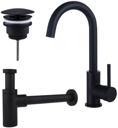 FugaFlow Eccelente Sobrado Badkamer Wastafelkraanset - hoge wastafelkraan - draaibare uitloop - always open plug - design sifon - Mat zwart