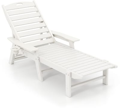 COSTWAY Zonneligstoel, weerbestendig kunststof, ligstoel met bekerhouder, armleuningen en verstelbare rugleuning, ligstoel van HDPE, terrasligstoel voor tuin, terras, zwembad, wit