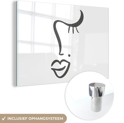 MuchoWow® Glasschilderij 60x40 cm - Schilderij acrylglas - Gezicht - Abstract - Zwart - Wit - Foto op glas - Schilderijen