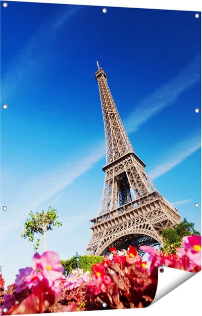 Gards Tuinposter Eiffeltoren in Parijs met Bloemen - 90x120 cm - Tuindoek - Tuindecoratie - Wanddecoratie buiten - Tuinschilderij
