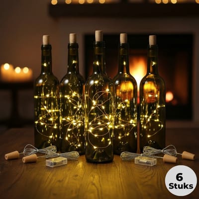 Lomera Kurk met LED Lampjes - Flesverlichting Kurk - LED Lichtsnoer - Warm Wit Licht - Flessenstopper met Licht - Sfeervol Woonaccessoire - Kerstlampjes - Kerstverlichting - Aan-Uit Schakelaar - Set van 6 Stuks - Wijnfles Decoratie