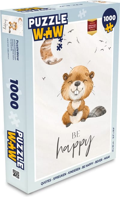 Puzzel Quotes - Be happy - Kinderen - Maan - Bever - Waterverf - Legpuzzel - Puzzel 1000 stukjes volwassenen