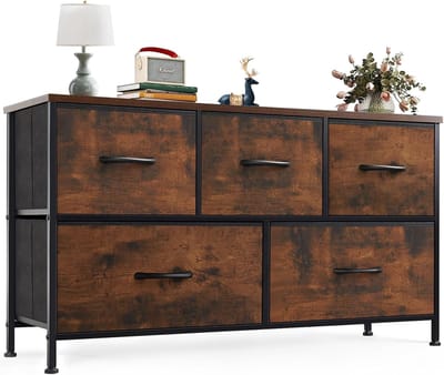 Dressoir / Brede Opbergkast met 5 Stoffen Lades (100 × 30 × 53 cm) – Stevig Metalen Frame – MDF Bovenblad – Industrieel Bruin – Ideaal voor Slaapkamer & Woonkamerkinderkamer HMTM-SC-5D-BR